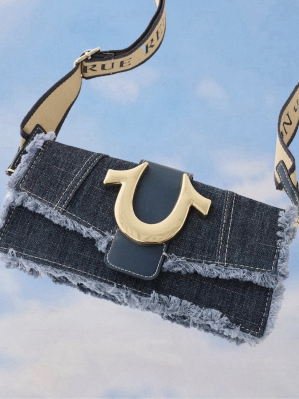 NWT True Religion Denim Crossbody Bag with Gold Horseshoe Buckle